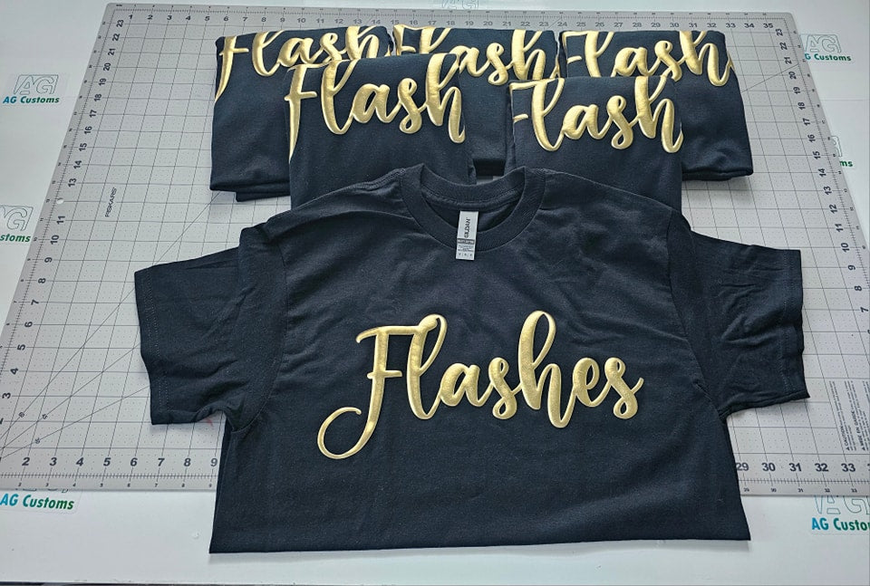 Gold Metallic Puff- Mascots/ School Name- Black- Shirt