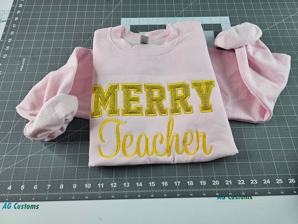 Merry Glitter Embroidered Applique- Pink Sweatshirt